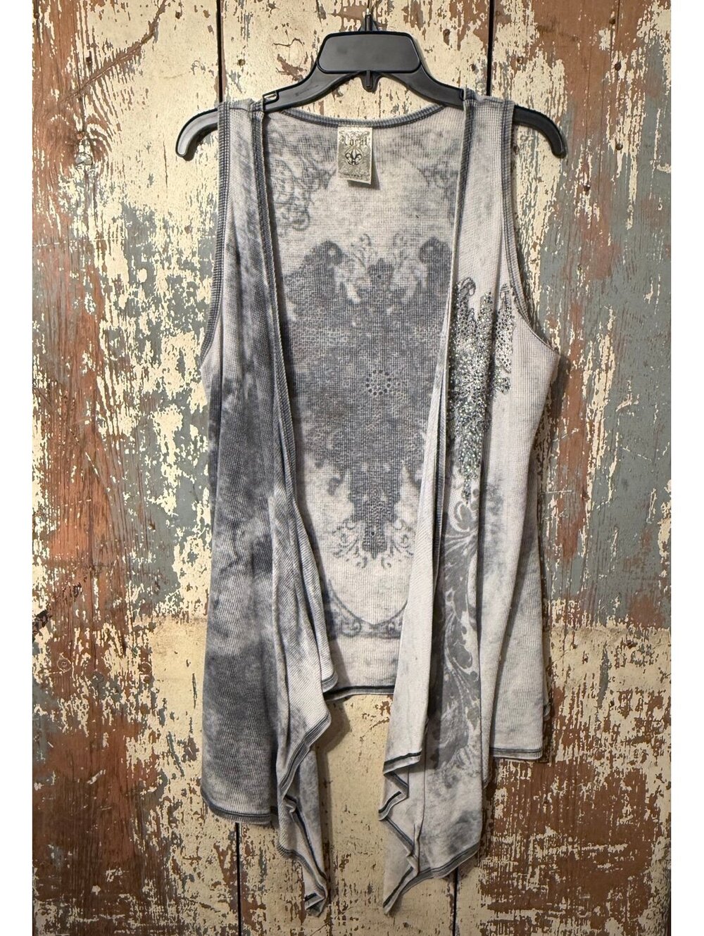 Vocal Apparel Gray Mineral-Wash Crystal Embellished Sleeveless Open-Front Top M